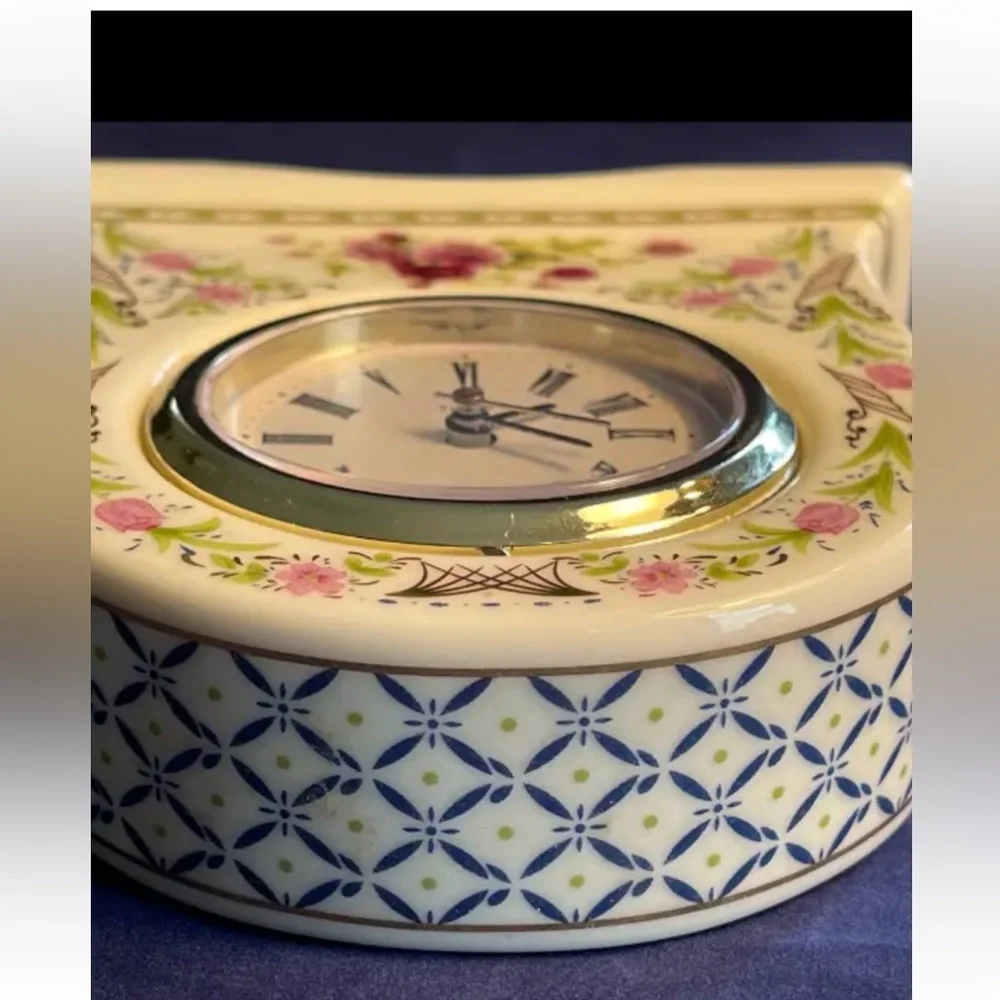 JJI International Porcelain Desk Clock Works Vintage Quartz Colorful Floral